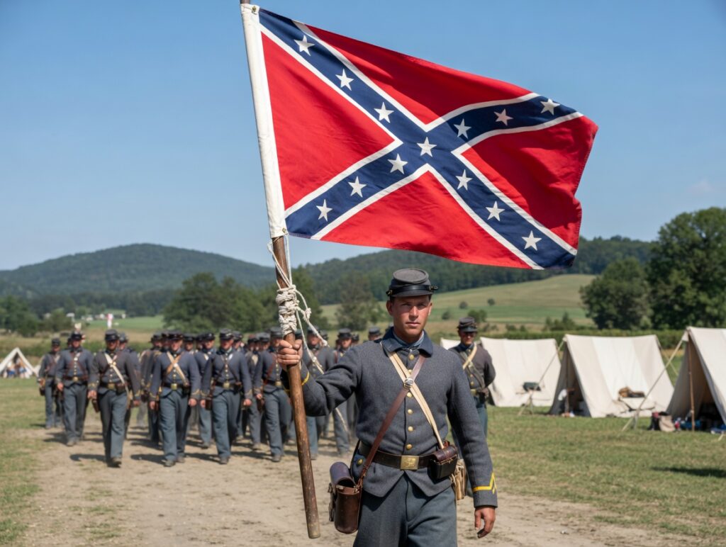 cotton confederate flag on a pole with ties and sleeve