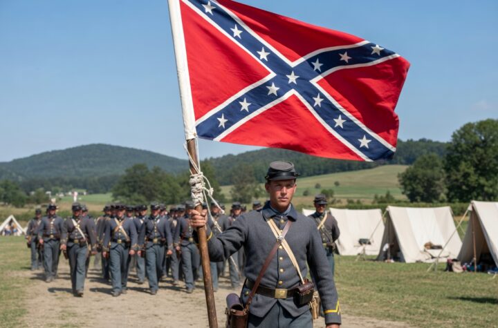 cotton confederate flag on a pole with ties and sleeve