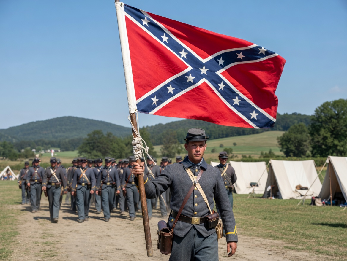 cotton confederate flag on a pole with ties and sleeve
