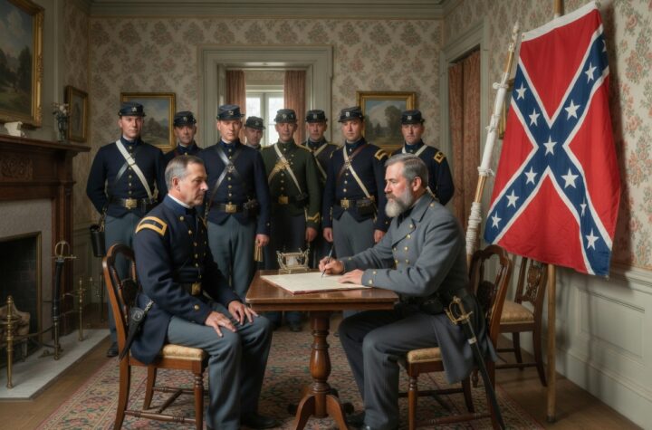 lee surrenders to grant with cotton flag in the background