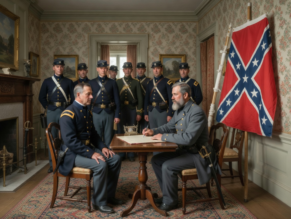 lee surrenders to grant with cotton flag in the background